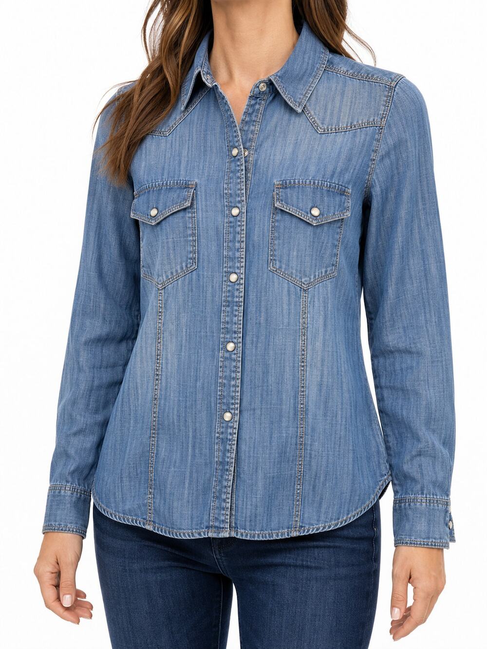 Trouvé Women Lyocell Chambray Denim Western Pearl Snap Long Sleeve Shirt Size M